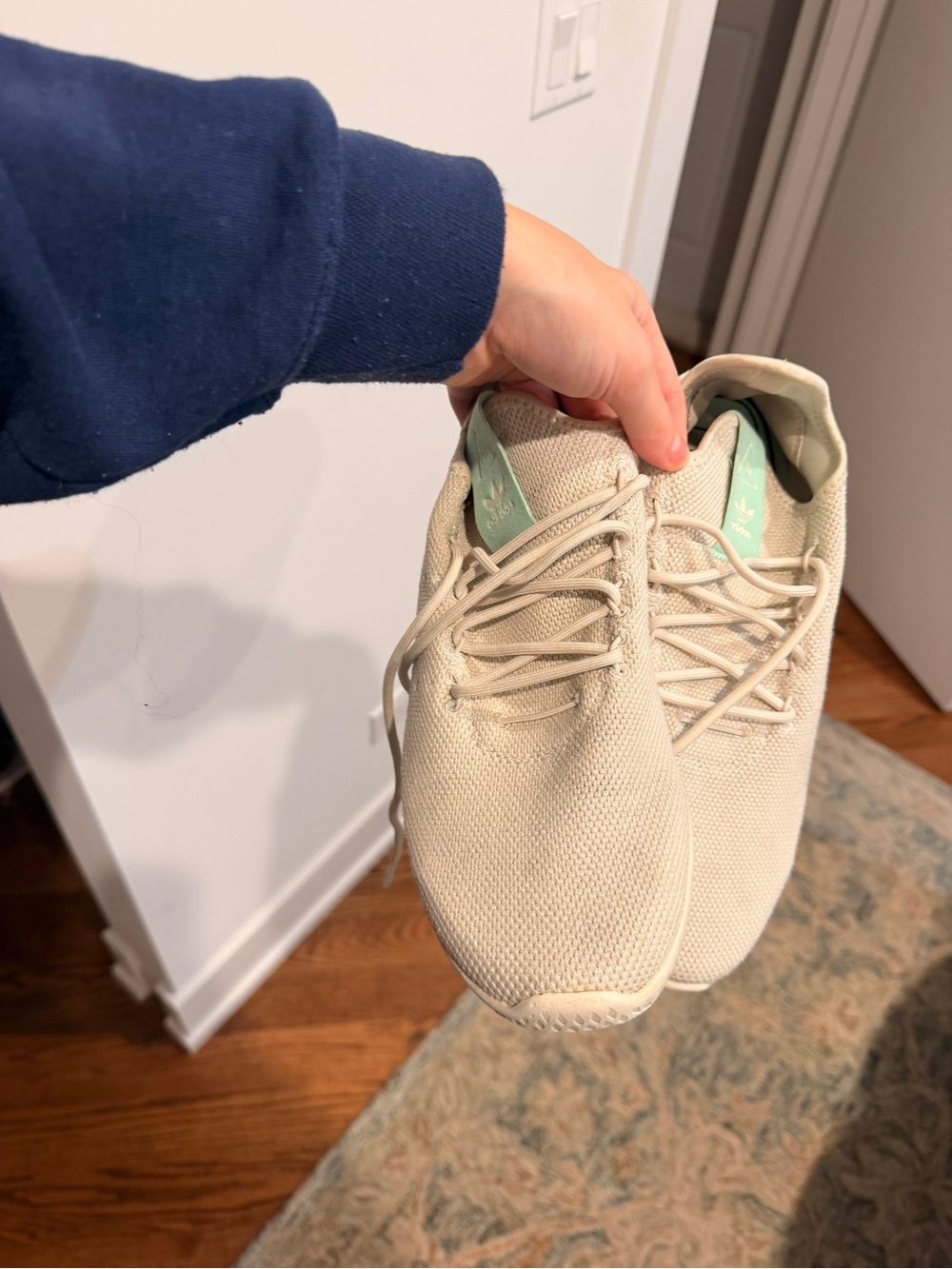 adidas Beige Knit Sneakers with Mint Tongue Detail, Pharrell Williams Edition